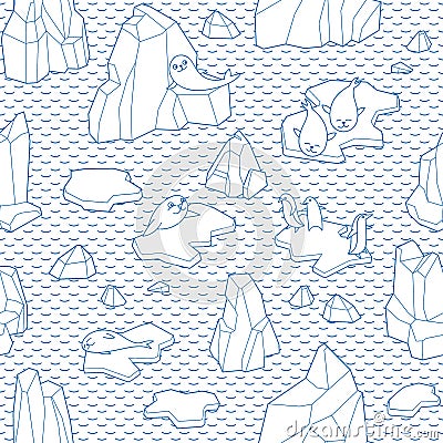 Vector Seamless pattern with iceberg, seals, penguins and ice floes. Cartoon Illustration